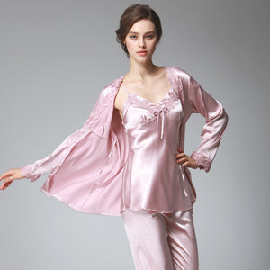 Three-piece Silk Pajamas Women's Spring Long-Sleeved Trousers