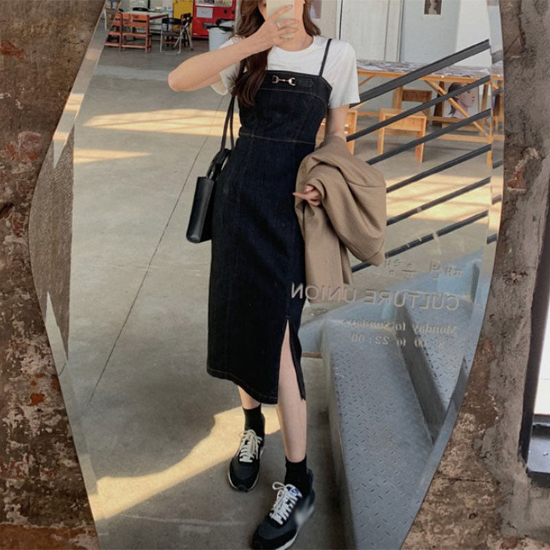 Mid-length Waist Slimming Denim Suspender Skirt Split Sling Dress Women