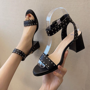 Studded Roman Sandals Women's Word Belt Black Thick Heel High Heels Women