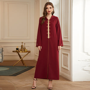 Dark Red Gold Trim Hand-sewn Diamond Hooded Robe Middle East Southeast Asia Women's Clothing