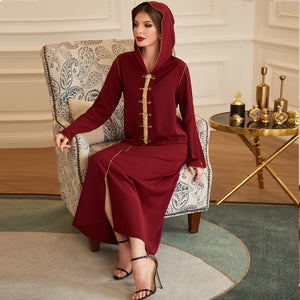 Dark Red Gold Trim Hand-sewn Diamond Hooded Robe Middle East Southeast Asia Women's Clothing