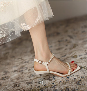 Small Square Toe Mid-heel High Heels With Pearl And Roman Sandals