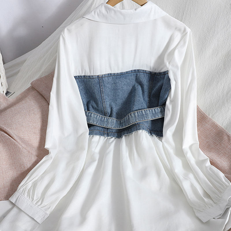 Fake Two Piece Stitching Denim Shirt Dress Female Spring New Design Sense Waist Tie Shirt Skirt