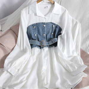 Fake Two Piece Stitching Denim Shirt Dress Female Spring New Design Sense Waist Tie Shirt Skirt