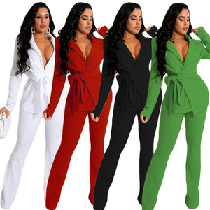 Solid Color Professional V Neck Fashion Women's Two Piece Set