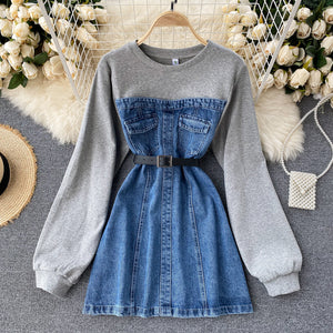 Ladies Retro Round Neck Sweater Denim Dress