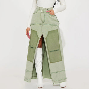 Washed Contrast Color Irregular Denim Skirt Frayed Pocket Slit