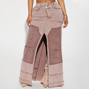 Washed Contrast Color Irregular Denim Skirt Frayed Pocket Slit
