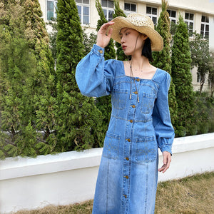 Nehe Thirteen Rows Square Neck Denim Dress