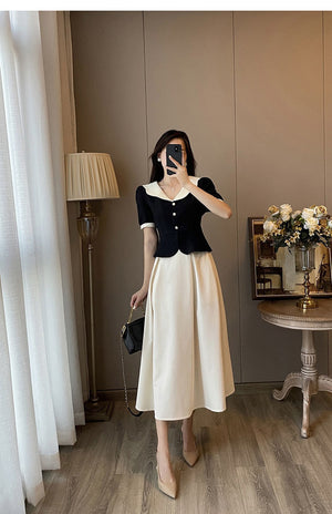 French Retro Polyester Top Two-piece Dress