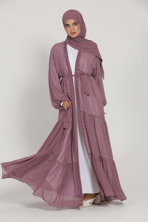 Elegant Solid Color Beaded Muslim Lacing Chiffon Cardigan Robe