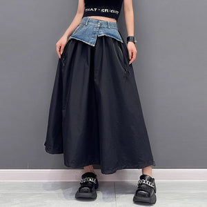 Women's American-style Color Contrast Patchwork Denim Skirt