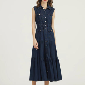 Lapel Single Breasted Elastic Waist Casual Denim Dress