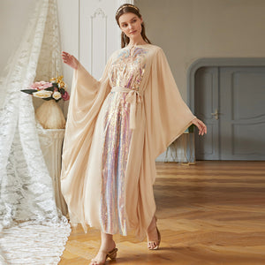 BA019 Beige Colorful Butterfly Sleeve Dress Middle East Dress Arab Women's Dress