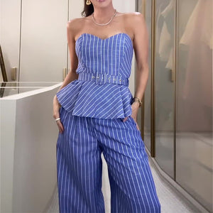 Lady Sexy Temperament Striped Tube Top Vest Slim-fit Pants Suit