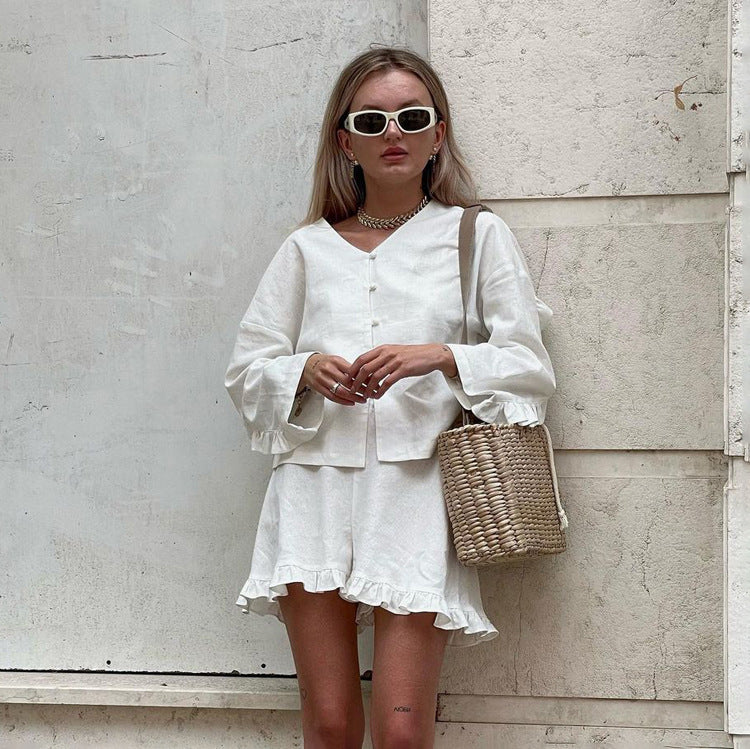 Long Sleeve Loose Casual Shirt Shorts Two-piece Set