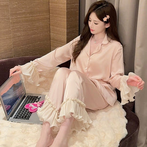 Fashion Ice Silk Pajamas Ruffled Women