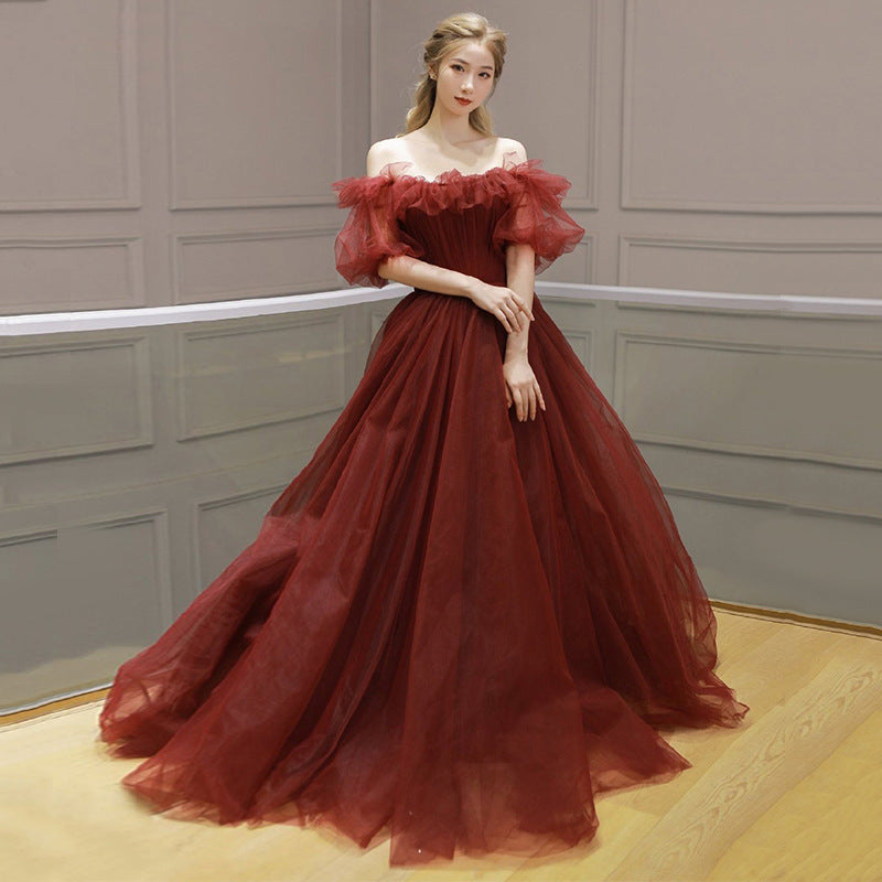 Red Tulle Off Shoulder Full Length Princess Ball Gown