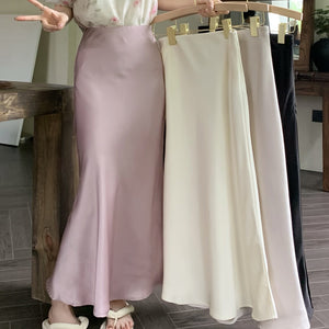 New Woven Acetate Satin Champagne Slimming Sheath Solid Color Fishtail Skirt