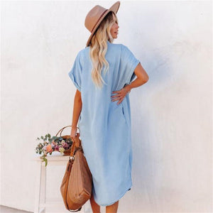 Women's Solid Denim Short Sleeve Slit Dress