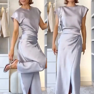 Women's Silk Satin Top Bow Tie Midi Dress