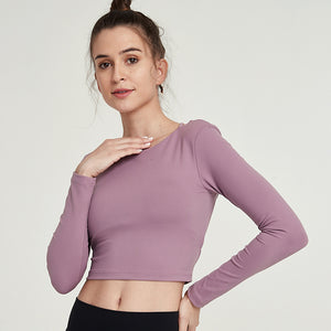 SHINBENE Sexy Plain Backless Yoga Sport Long Sleeved Shirts Women Slim Fit Anti-sweat Fitness Workout Gym Cropped Tops S-XL