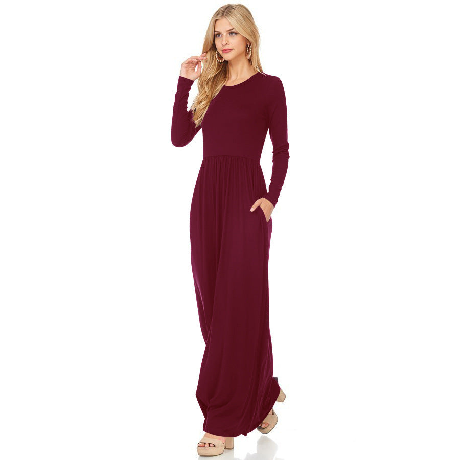 Pure Color Long Sleeve Round Neck Casual Dress