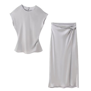 Women's Silk Satin Top Bow Tie Midi Dress