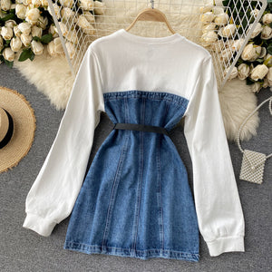 Ladies Retro Round Neck Sweater Denim Dress