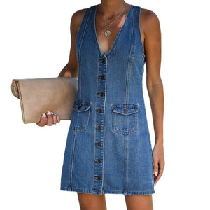 Denim Dress Female Summer Sexy V-Neck Halter Strap Denim Vest Skirt