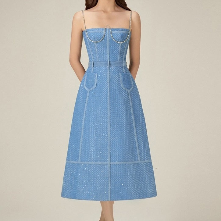 High-grade French Style Denim Rhinestone Sling Dress