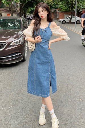 Women's Denim Suspender Dress With Slit Design Waist