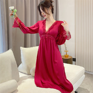 Women's Spring Autumn Lace V-Tie Satin Nightdress