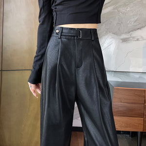 Black Matte Straight Leather Wide-leg Pants High Waist Drooping Slimming Off Pants