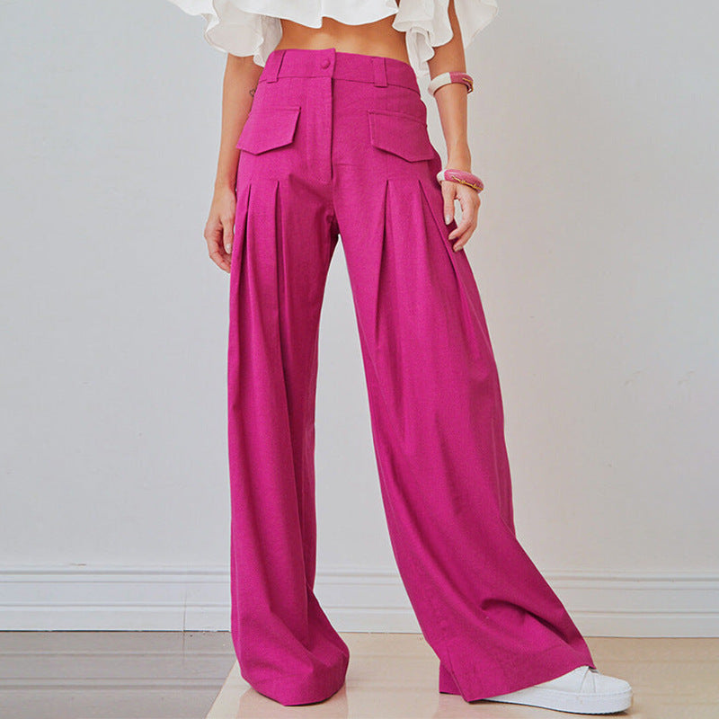 Loose Pocket Pleated Solid Wide Leg Trousers