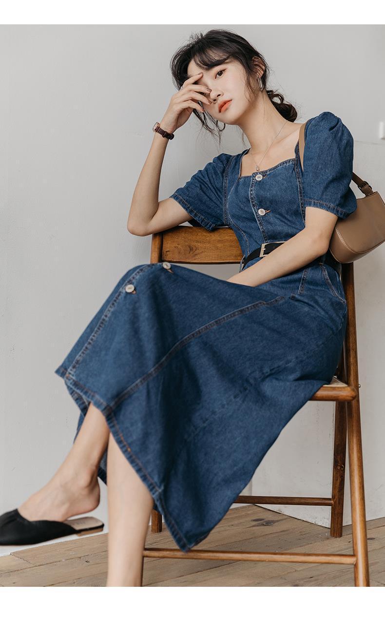 Feminine Slim Puff Sleeve Denim Dress