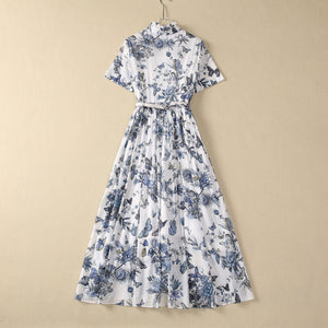 Stringy Selvedge Stand-up Collar Butterfly Flower Thin Cotton Dress