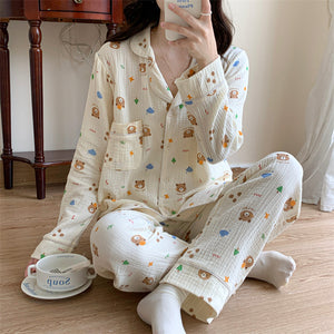 Pure Cotton Cartoon Long-sleeved Pajamas Set Letter Bear Homewear For Women