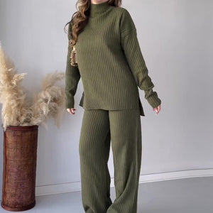 Crew Neck Casual Knitwear Wide Leg Pants Two-piece Set