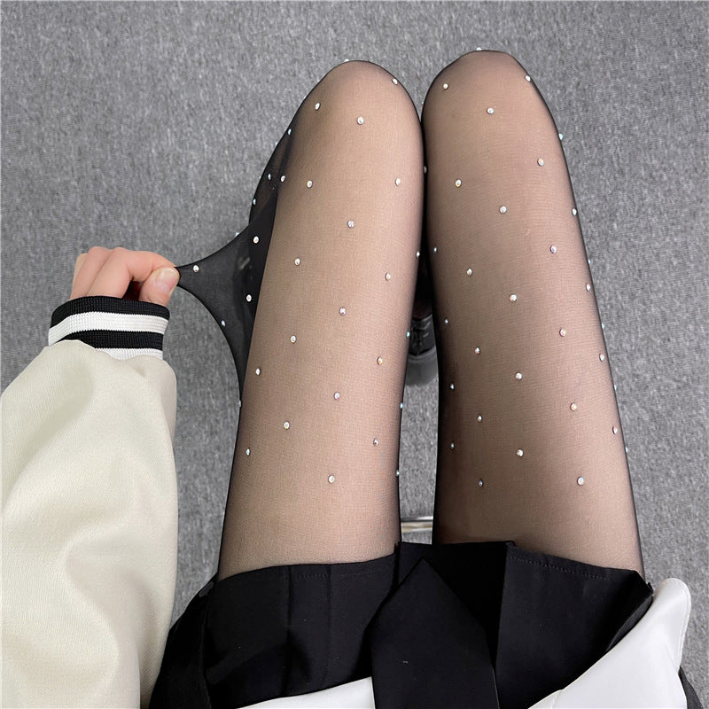 Black With Diamond Silk Screen Red Shiny Rhinestone Pantyhose Thin Anti-hook Arbitrary Cut