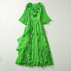 Pleated Bell Sleeve Heavy Industry Ruffled Chiffon Dress