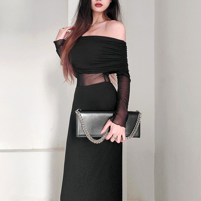 Off-shoulder Pleated Long Sleeve Dress