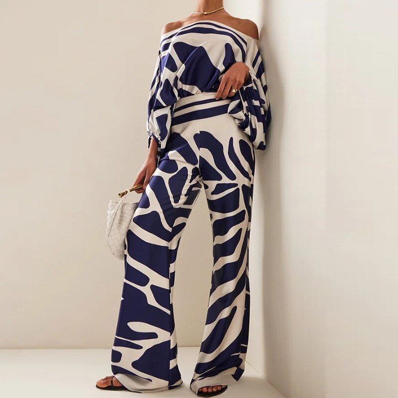 Summer Women's Clothing Printed Round Neck Loose Batwing Sleeve Waist Wide Leg Pants Fashion Casual Set