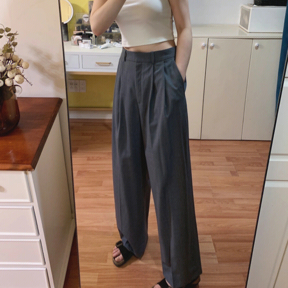 Casual Style Wide Leg Pleated High Waist Trousers Dark Gray