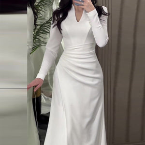 European And American Solid Color Slim Fit Gentle Pleated Long Sleeve Dress