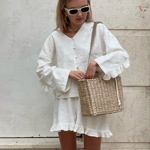 Long Sleeve Loose Casual Shirt Shorts Two-piece Set