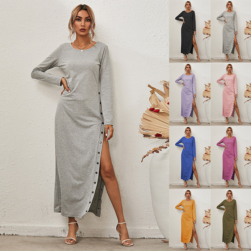 Long Sleeve Casual Long Dress With Split Buttons