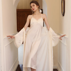 Nightdress Women's Two Piece Spring And Autumn New Style Ice Silk Sling Lace