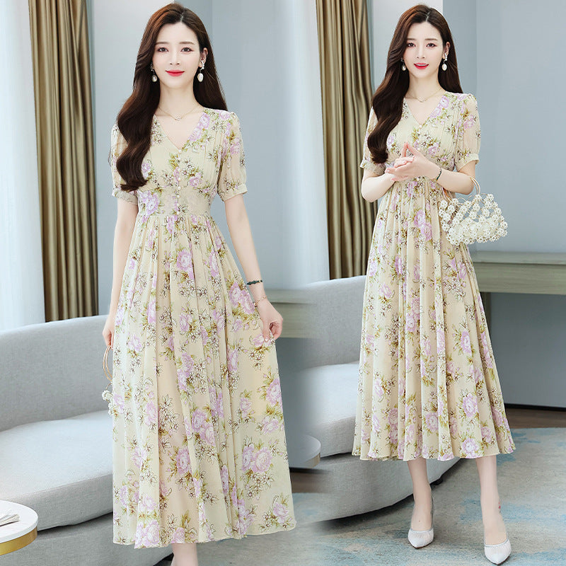 French V Neck Floral Chiffon Dress