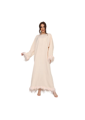 Feather Long Sleeve Middle East Arabic Elegant Round Neck Dress